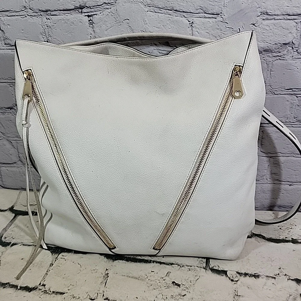 Rebecca Minkoff Hobo Bag Crossbody Off White Leather Zippers Lined Flaws